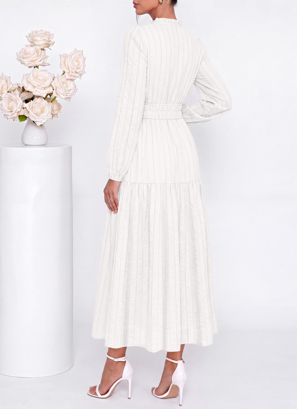 dowerme Women Fall Long Sleeve Dress 2026 Casual Ruffle V Neck Tie Front Elastic Waist Maxi Cotton Wedding Guest Dresses