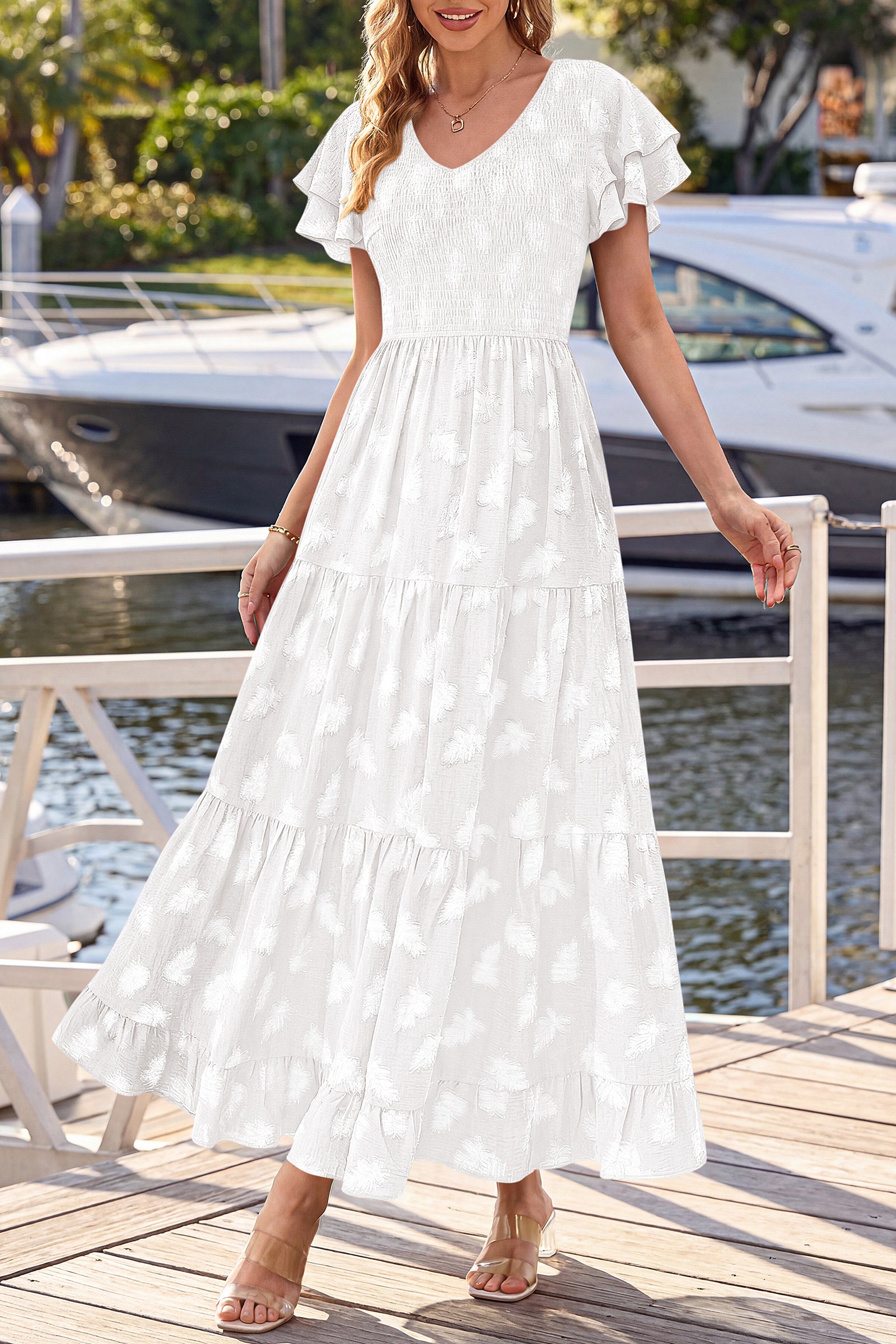 dowerme Maxi Dresses For Women 2026 Summer Ruffle Sleeve V Neck Smocked A Line Floral Boho Tiered Sundress Spring Outfit