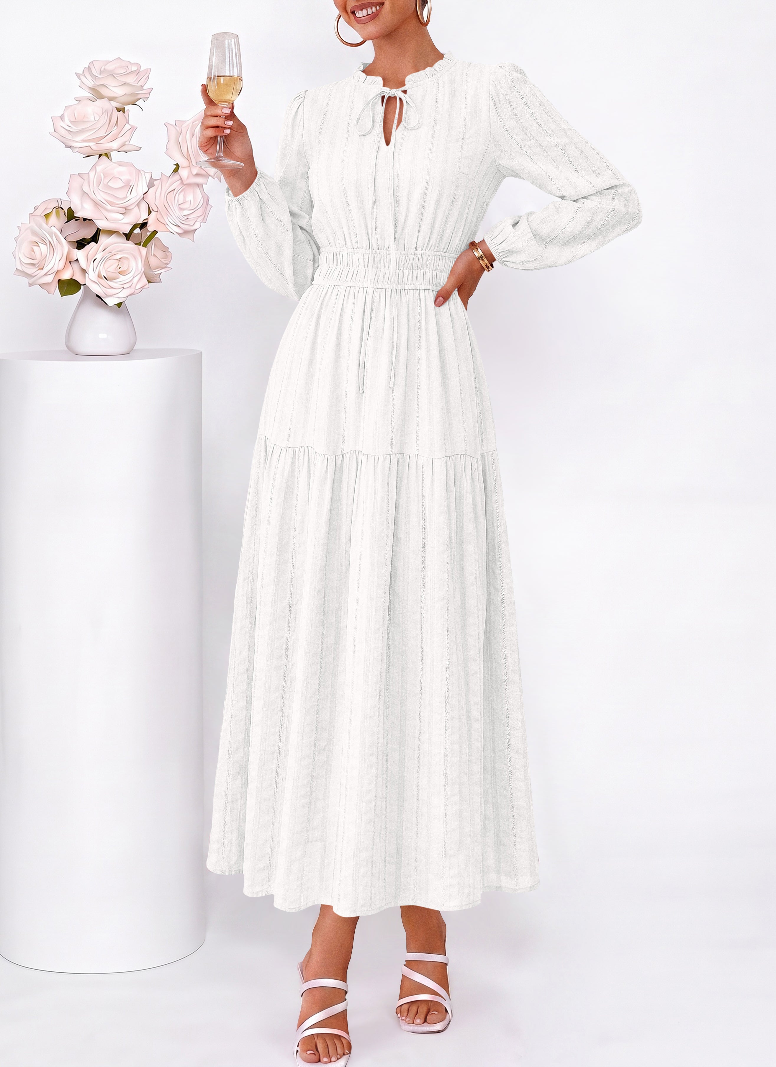 dowerme Women Fall Long Sleeve Dress 2026 Casual Ruffle V Neck Tie Front Elastic Waist Maxi Cotton Wedding Guest Dresses