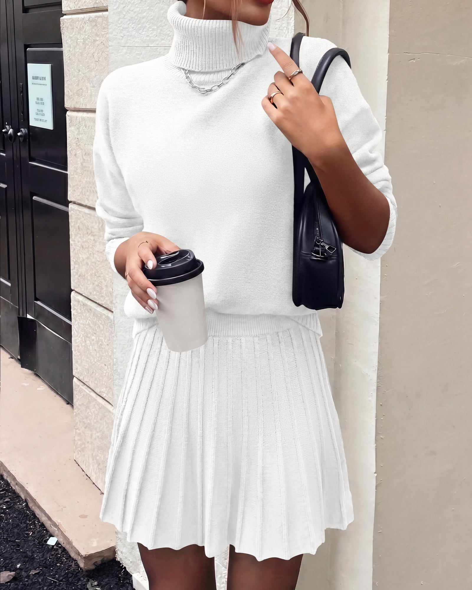 dowerme 2 Piece Sets For Women 2026 Fall Turtleneck Sweater Pleated Mini Skirt Set Cute Winter Clothing Vacation Outfits