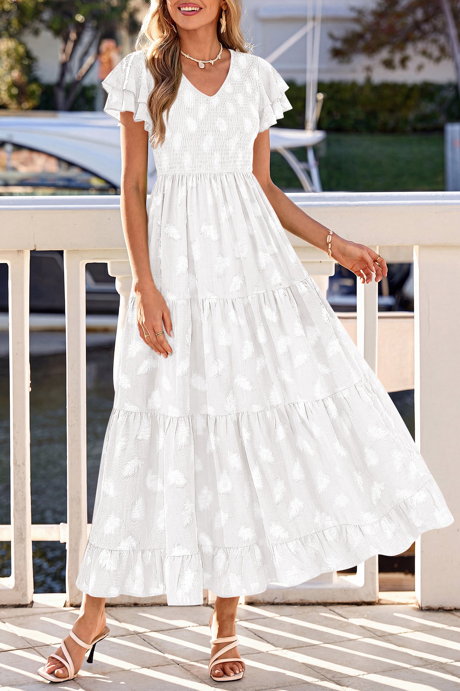 dowerme Maxi Dresses For Women 2026 Summer Ruffle Sleeve V Neck Smocked A Line Floral Boho Tiered Sundress Spring Outfit