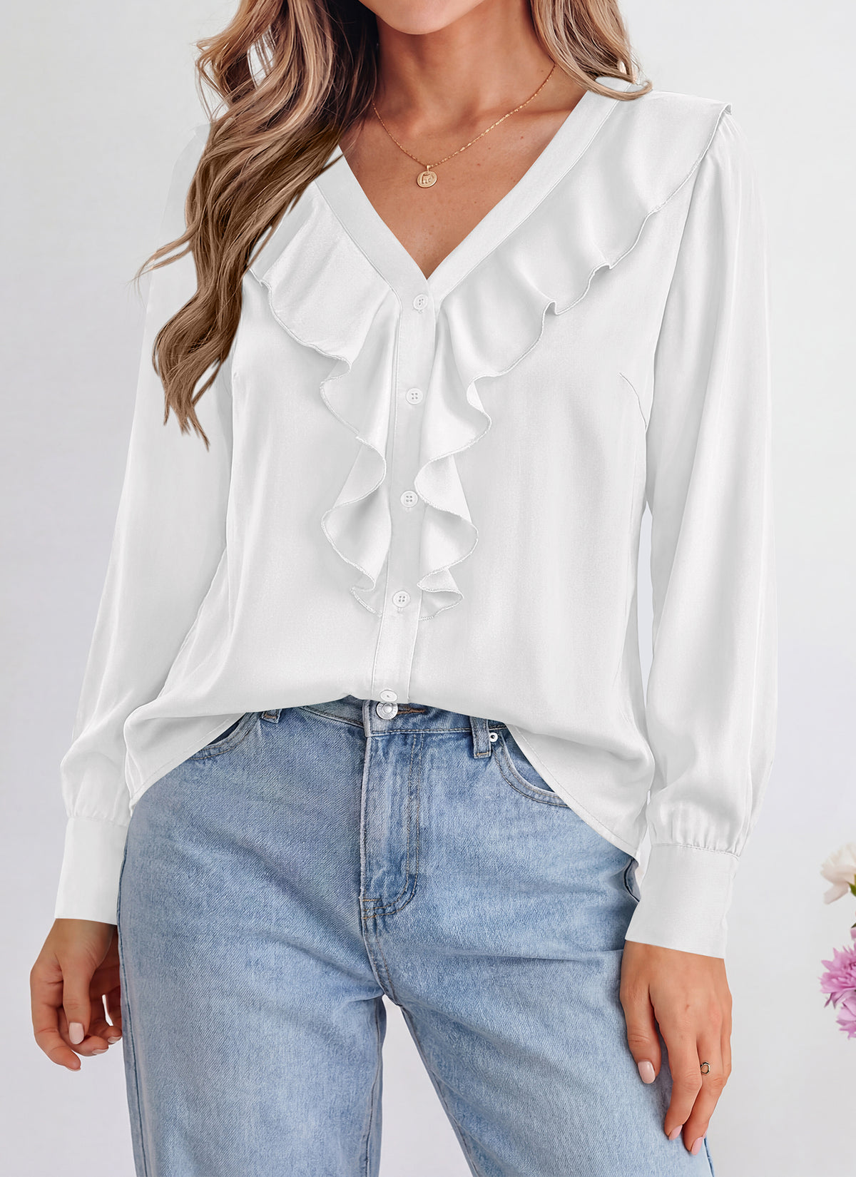 dowerme Womens Long Sleeve Tops Satin Ruffle Button Shirts