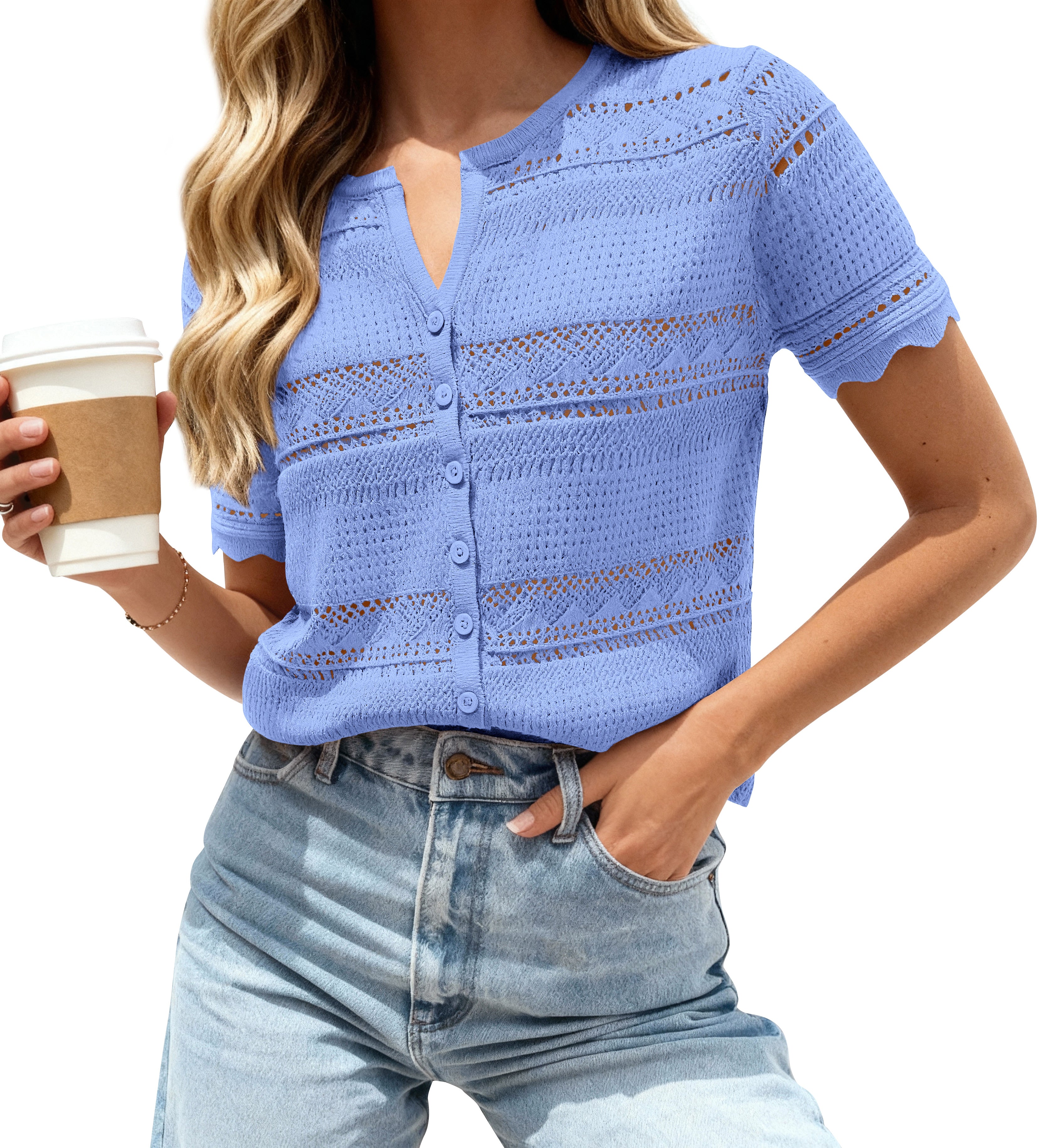 dowerme Women Summer Cardigan Sweaters 2026 Fashion Short Sleeve V Neck Crochet Crop Tops Spring Beach Vacation Clothes