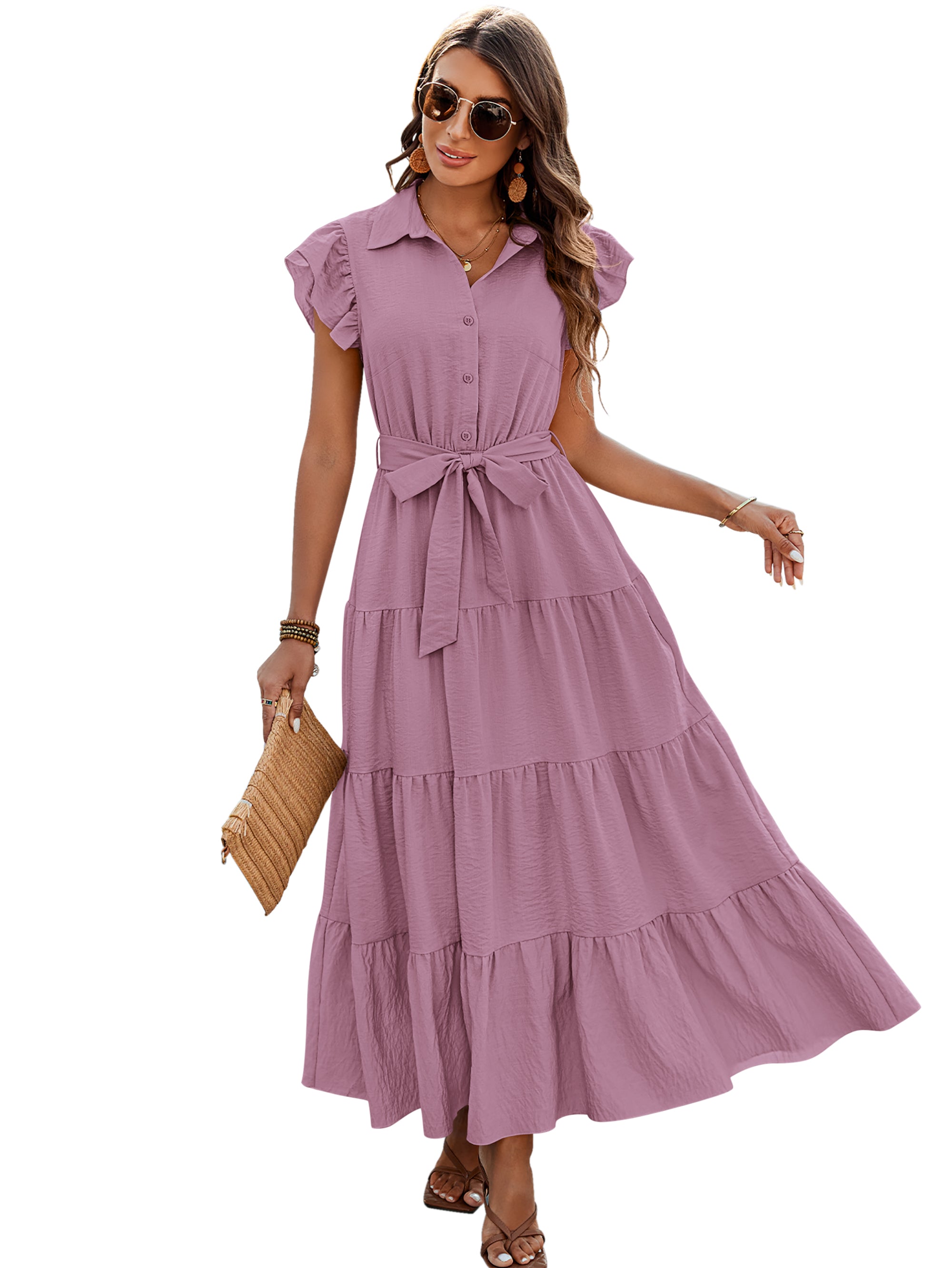 dowerme Women's Summer Casual Dresses 2025 Cap Ruffle Sleeve V Neck Button Belted Tiered Boho Maxi Dress with Pockets