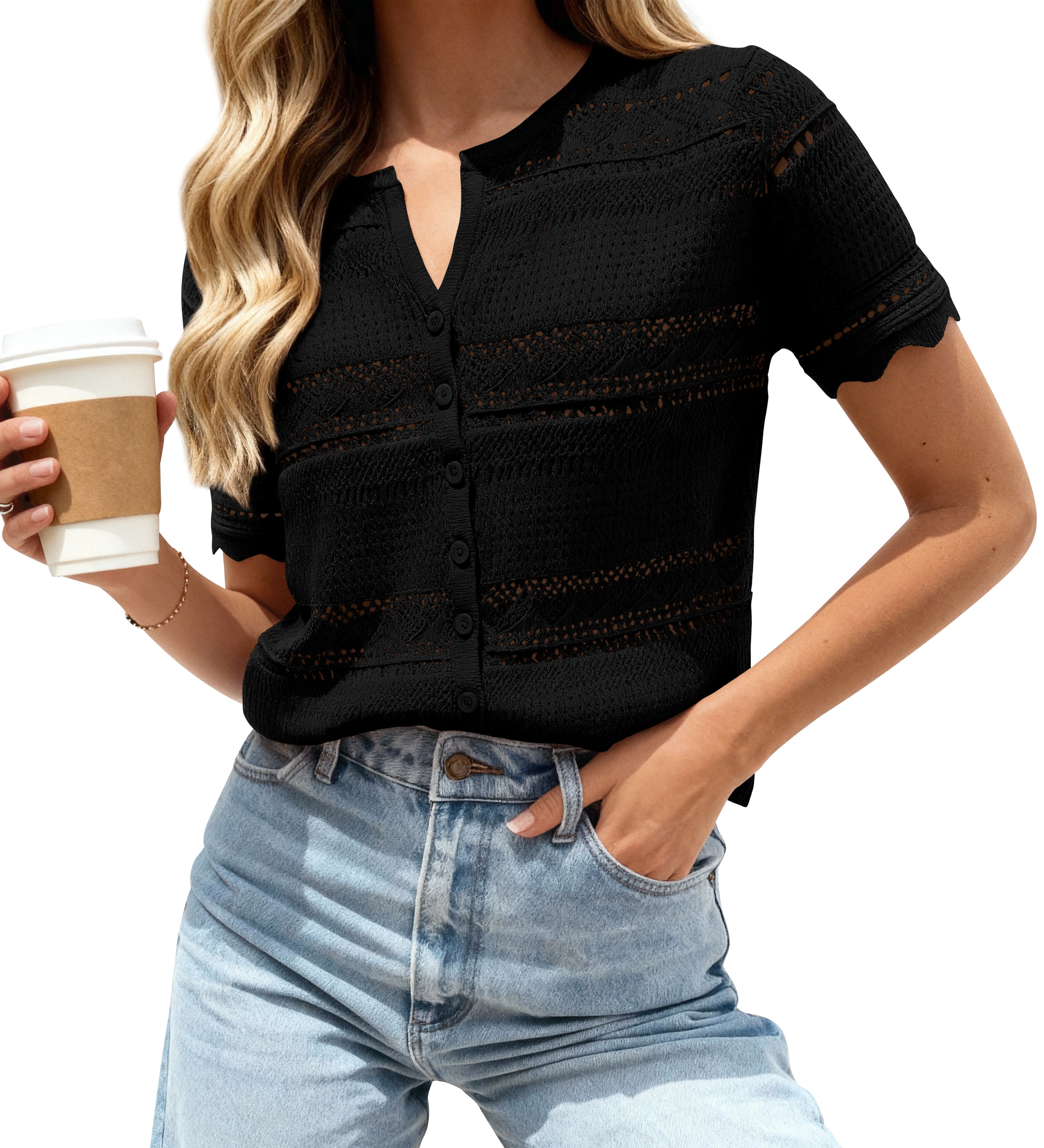 dowerme Women Summer Cardigan Sweaters 2026 Fashion Short Sleeve V Neck Crochet Crop Tops Spring Beach Vacation Clothes