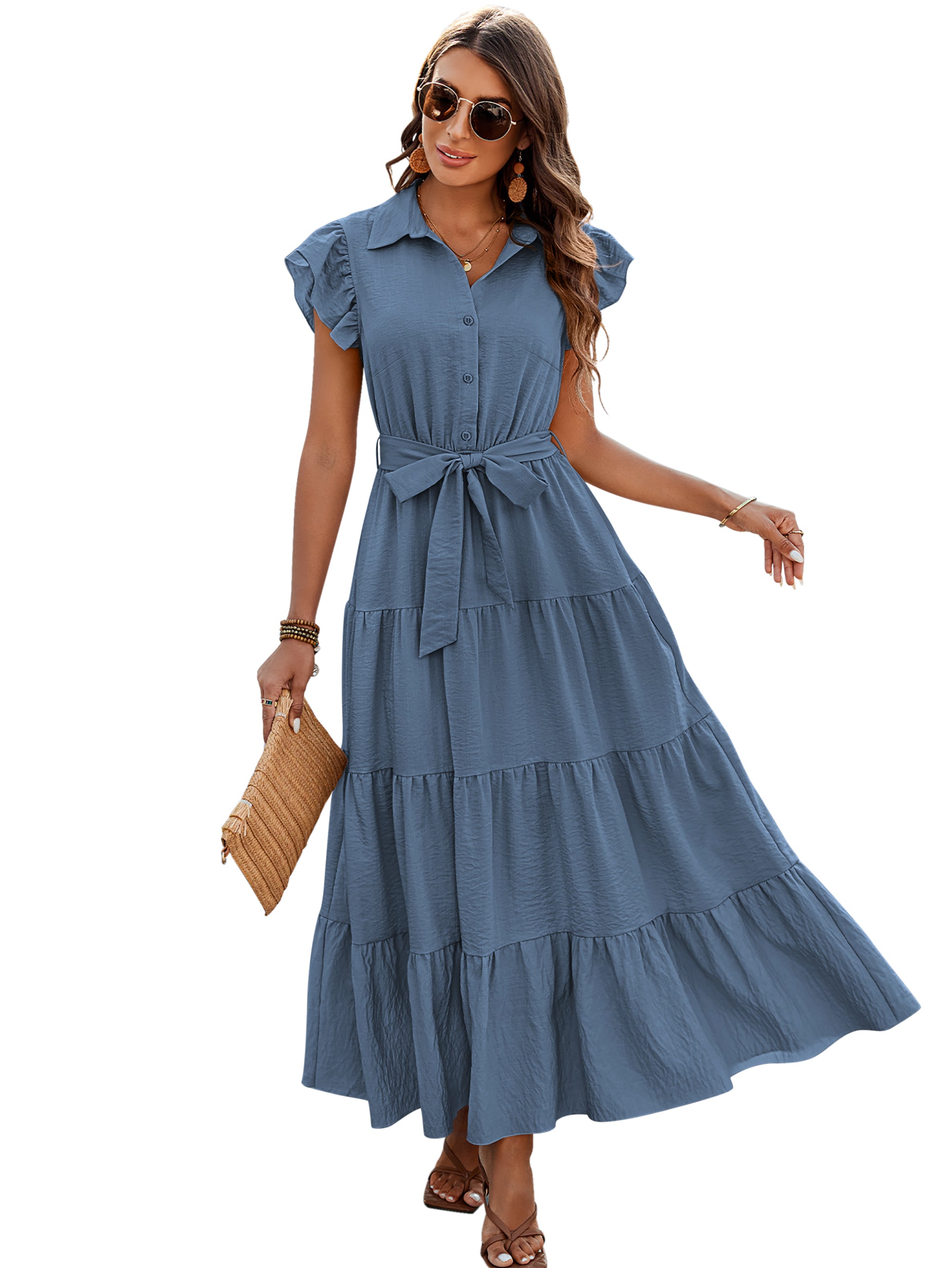 dowerme Women's Summer Casual Dresses 2025 Cap Ruffle Sleeve V Neck Button Belted Tiered Boho Maxi Dress with Pockets