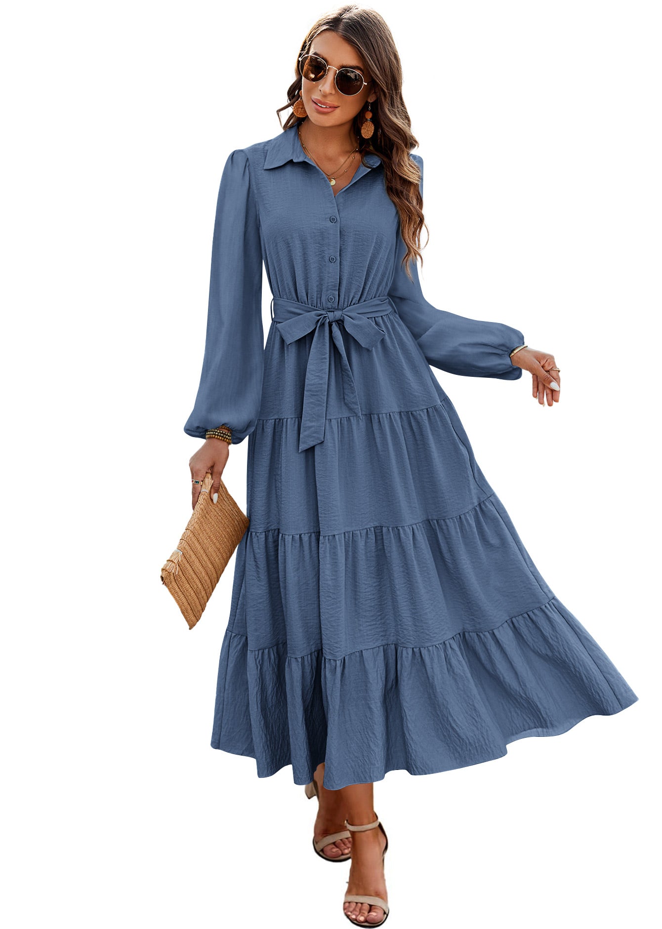 dowerme Women's Long Sleeve Dress 2025 Button Down Belted A-Line Flowy Fall Outfits Ruffle Maxi Holiday Party Dresses