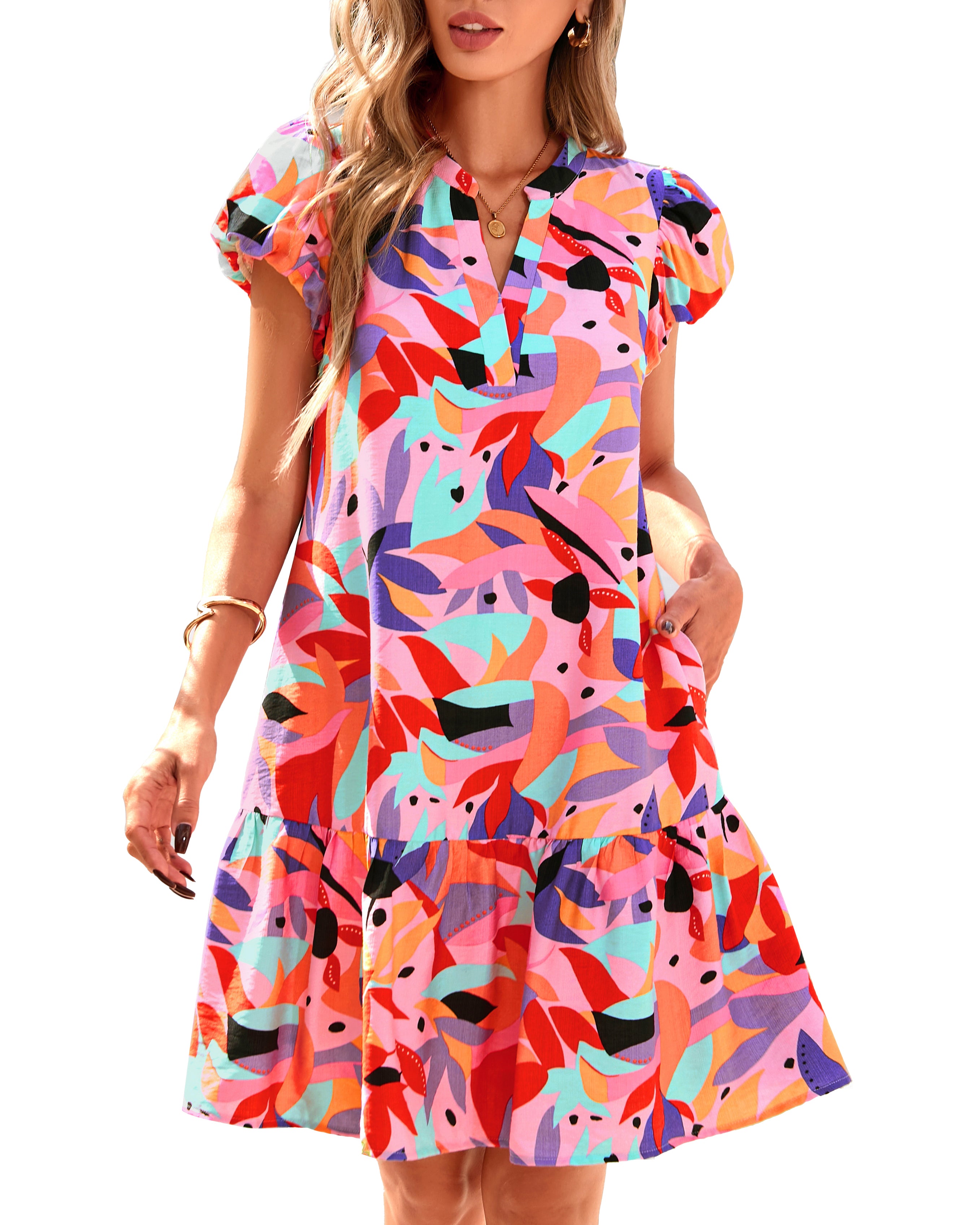 dowerme Womens Summer Dresses 2025 Puffy Sleeve V Neck Loose Floral Print A Line Boho Mini Babydoll Dress with Pockets