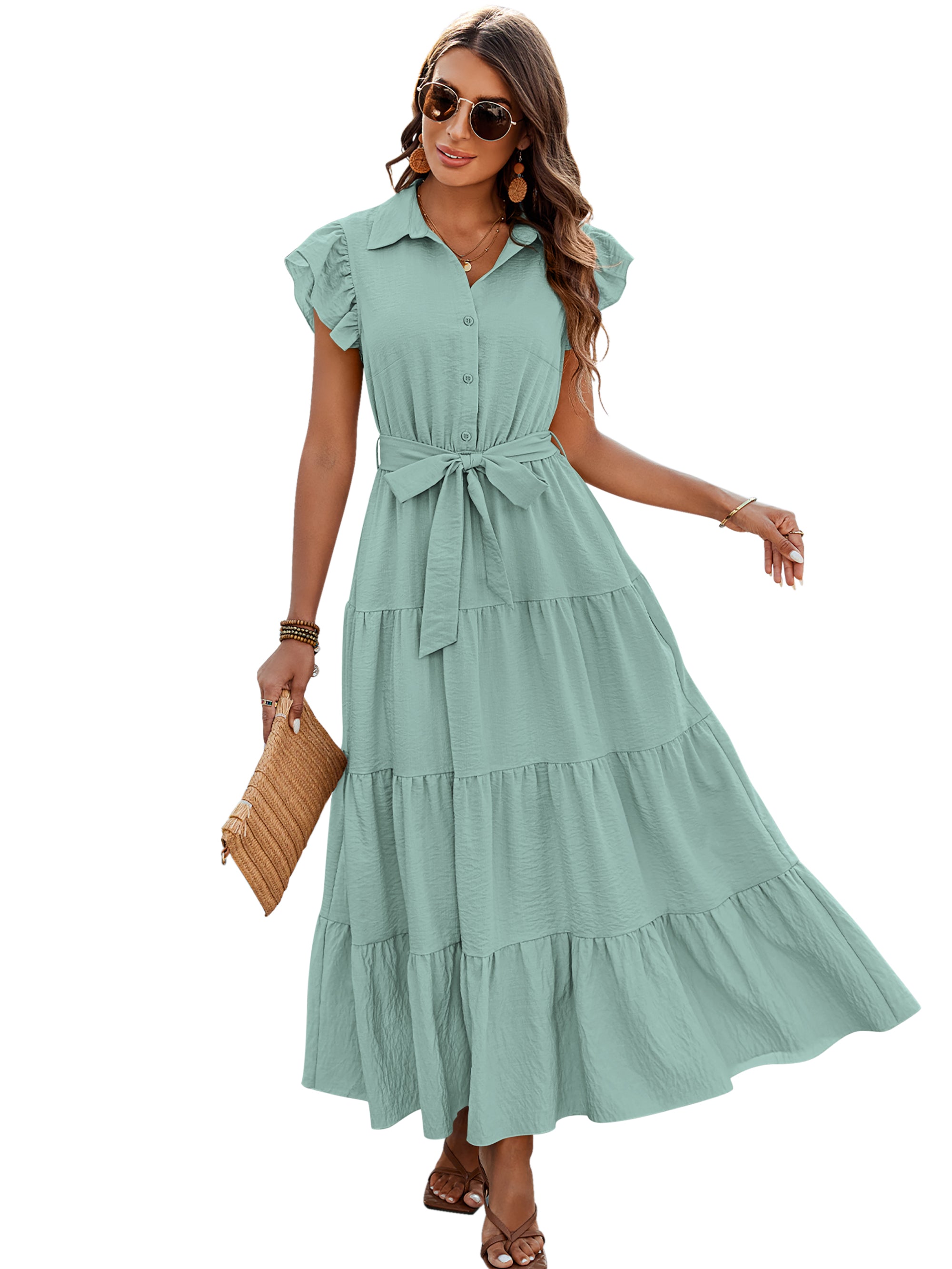 dowerme Women's Summer Casual Dresses 2025 Cap Ruffle Sleeve V Neck Button Belted Tiered Boho Maxi Dress with Pockets
