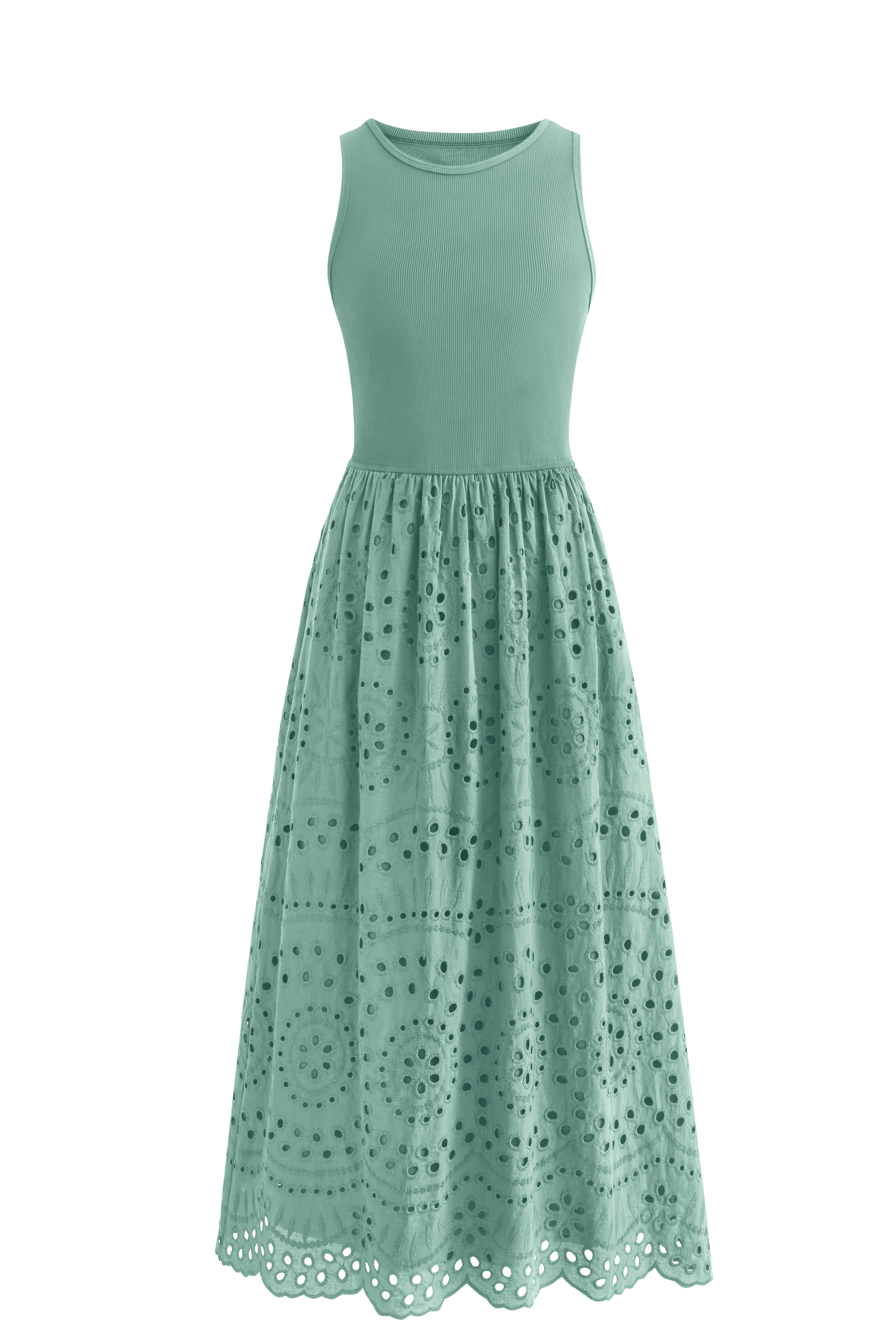 dowerme Women Summer Dresses 2025 Casual Sleeveless Crewneck A-Line Boho Lace Eyelet Cotton Tank Maxi Dress with Pockets